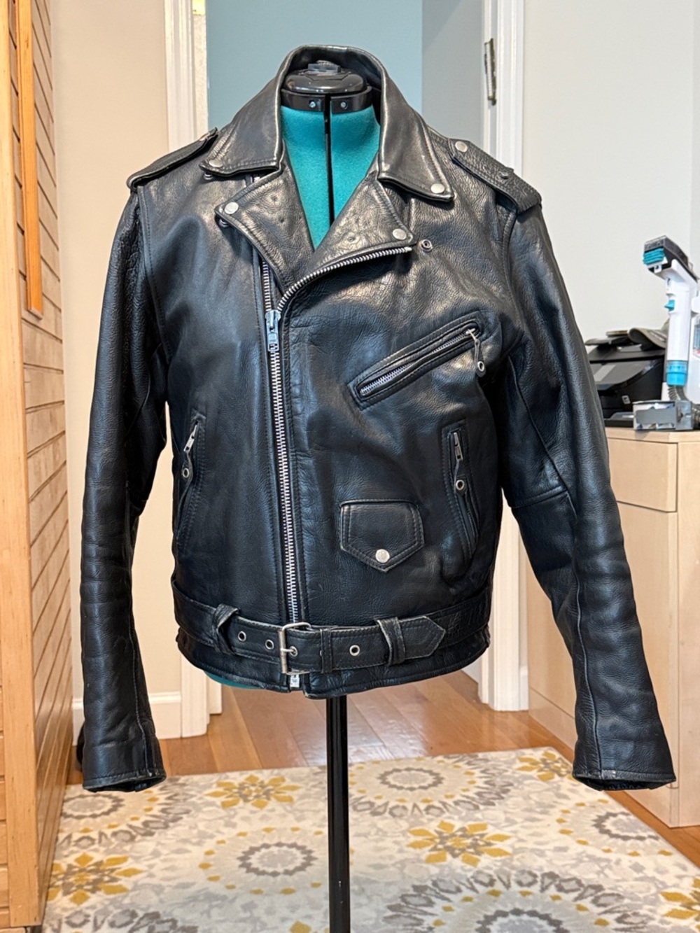 Men's Black Leather Motorcycle Bomber Jacket with Belt